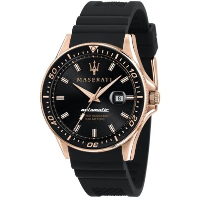 Maserati Watch Men Black Dial Rubber Strap Automatic Analog Water Resistant 100 Meters Three Hand Sfida R8821140001