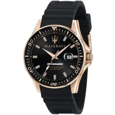 Maserati Watch Men Black Dial Rubber Strap Automatic Analog Water Resistant 100 Meters Three Hand Sfida R8821140001 - Tia