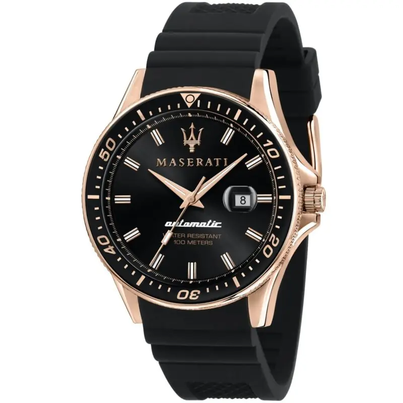 Maserati Watch Men Black Dial Rubber Strap Automatic Analog Water Resistant 100 Meters Three Hand Sfida R8821140001