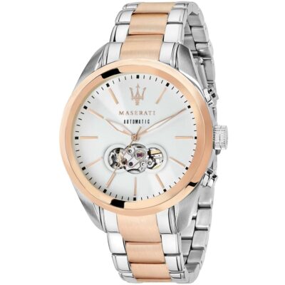 Maserati Watch Men Silver Dial Metal Stainless Steel Rose Gold Two Tone Strap Automatic Analog Three Hand Traguardo R8823112001