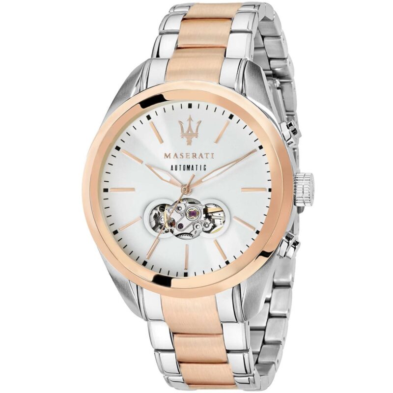 Maserati Watch Men Silver Dial Metal Stainless Steel Rose Gold Two Tone Strap Automatic Analog Three Hand Traguardo R8823112001