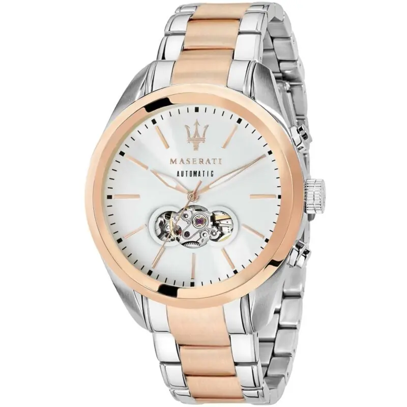 Maserati Watch Men Silver Dial Metal Stainless Steel Rose Gold Two Tone Strap Automatic Analog Three Hand Traguardo R8823112001