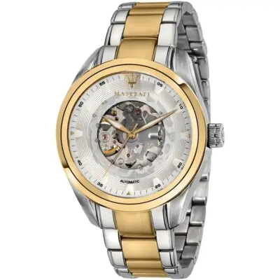 Maserati Watch Men White Dial Metal Stainless Steel Silver Gold Two Tone Strap Automatic Analog Three Hand Traguardo R8823112003