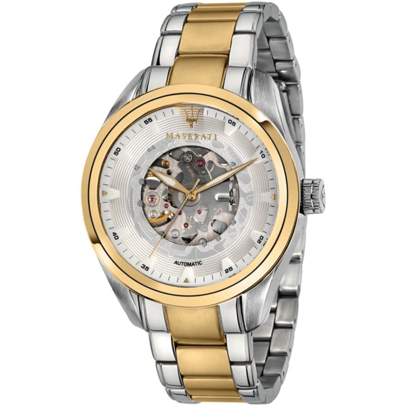 Maserati Watch Men White Dial Metal Stainless Steel Silver Gold Two Tone Strap Automatic Analog Three Hand Traguardo R8823112003
