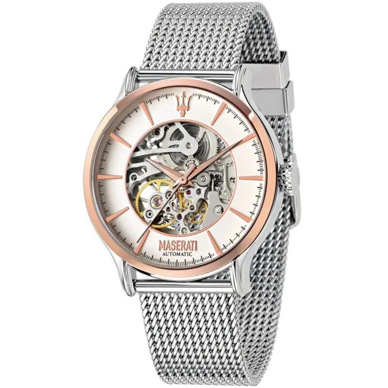 Maserati Watch Men White Dial Metal Stainless Steel Silver Mesh Strap Automatic Analog Three Hand Epoca R8823118001