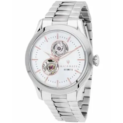 Maserati Watch Men White Dial Metal Stainless Steel Silver Strap Automatic Analog Three Hand Tradizione R8823125001