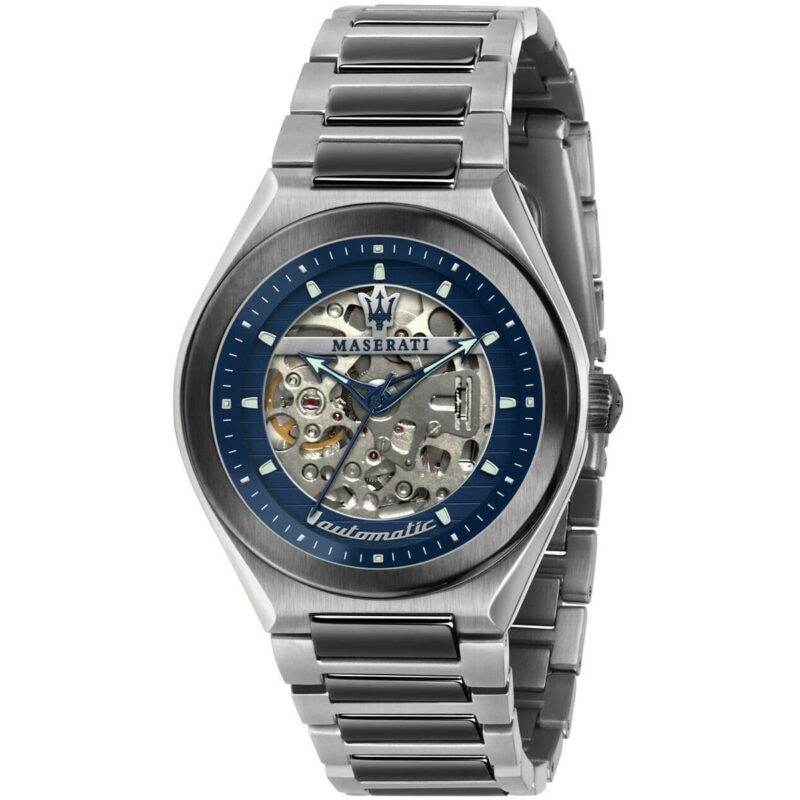 Maserati Watch Men Blue Dial Metal Stainless Steel Silver Strap Automatic Analog Three Hand Triconic R8823139001