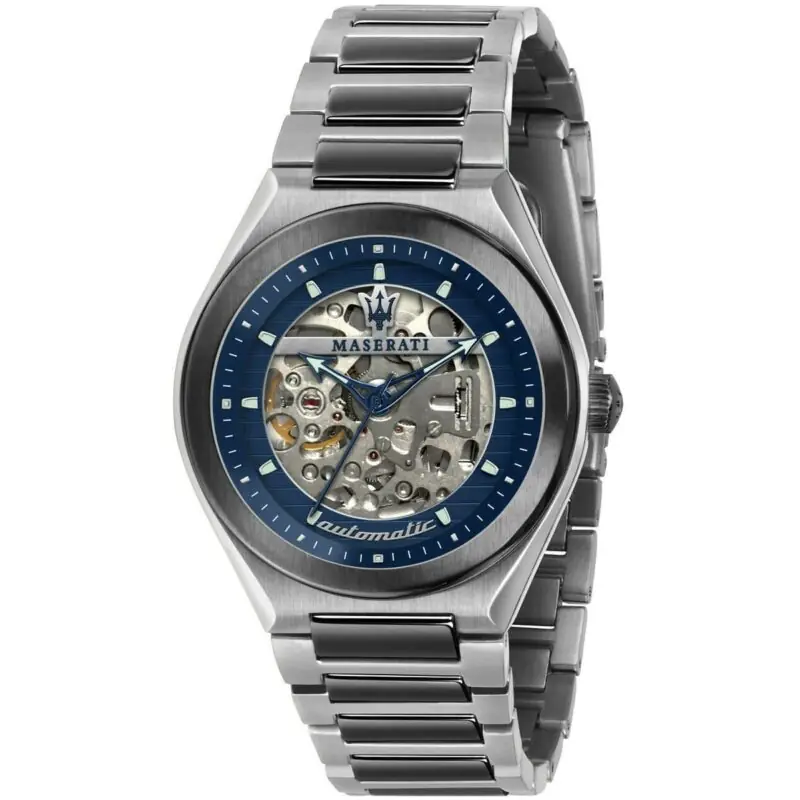 Maserati Watch Men Blue Dial Metal Stainless Steel Silver Strap Automatic Analog Three Hand Triconic R8823139001