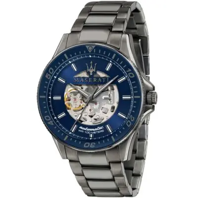 Maserati Watch Men Blue Dial Metal Stainless Steel Gray Strap Automatic Analog Wr 100 Meters Three Hand Sfida R8823140001 - Tia