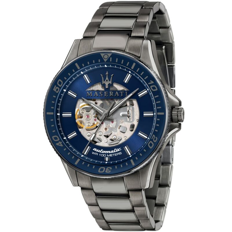 Maserati Watch Men Blue Dial Metal Stainless Steel Gray Strap Automatic Analog Wr 100 Meters Three Hand Sfida R8823140001