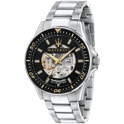 Maserati Watch Men Black Dial Metal Stainless Steel Silver Strap Automatic Analog Wr 100 Meters Three Hand Sfida R8823140002