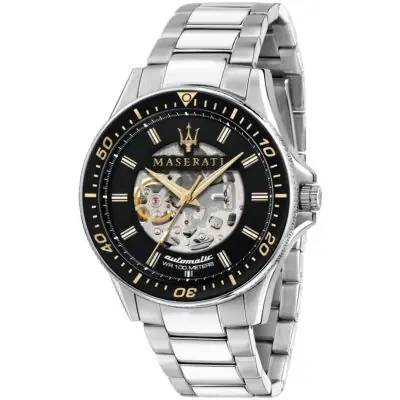 Maserati Watch Men Black Dial Metal Stainless Steel Silver Strap Automatic Analog Wr 100 Meters Three Hand Sfida R8823140002