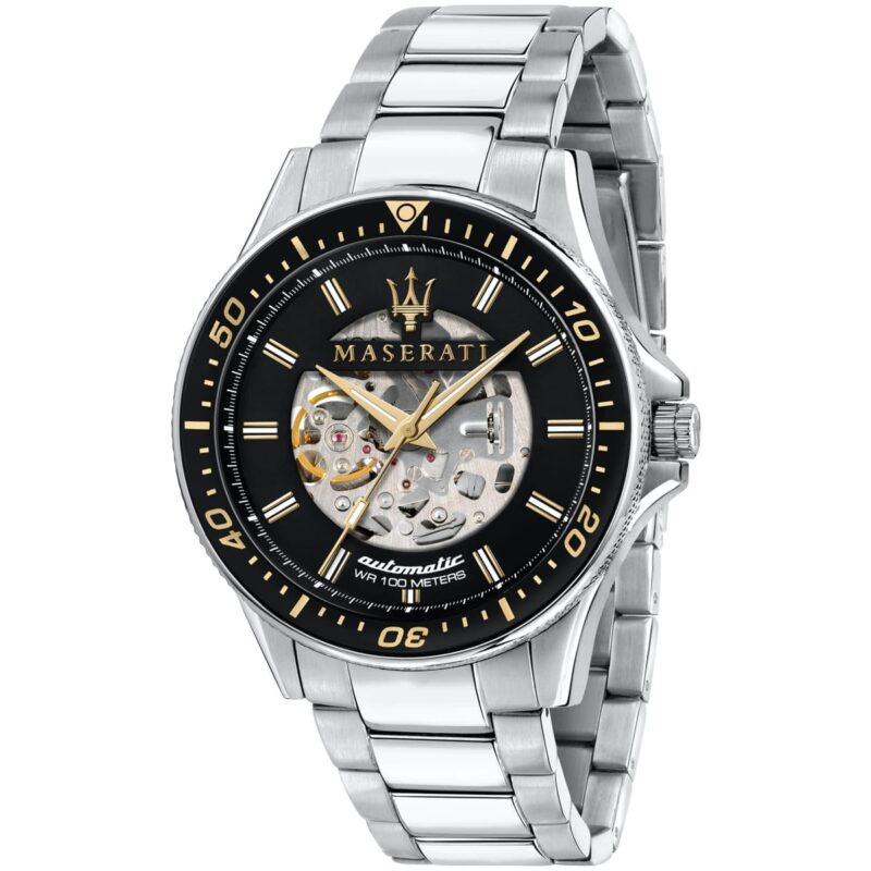Maserati Watch Men Black Dial Metal Stainless Steel Silver Strap Automatic Analog Wr 100 Meters Three Hand Sfida R8823140002