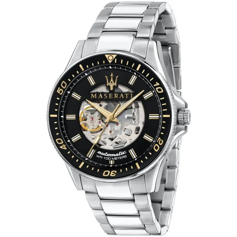 Maserati Watch Men Black Dial Metal Stainless Steel Silver Strap Automatic Analog Wr 100 Meters Three Hand Sfida R8823140002