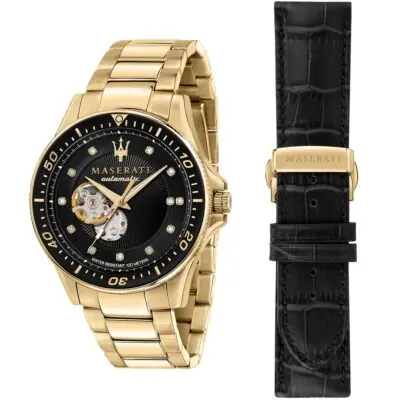 Maserati Watch Men Black Dial Metal Stainless Steel Gold Strap Automatic Analog Water Resistant 100 Meters Three Hand Sfida R8823140003