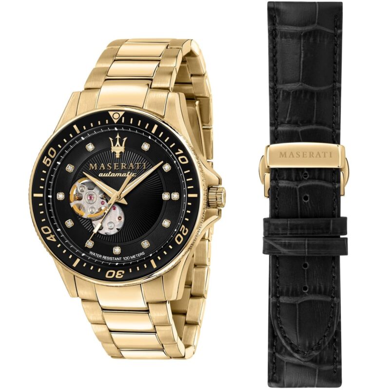Maserati Watch Men Black Dial Metal Stainless Steel Gold Strap Automatic Analog Water Resistant 100 Meters Three Hand Sfida R8823140003