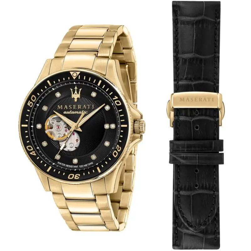 Maserati Watch Men Black Dial Metal Stainless Steel Gold Strap Automatic Analog Water Resistant 100 Meters Three Hand Sfida R8823140003