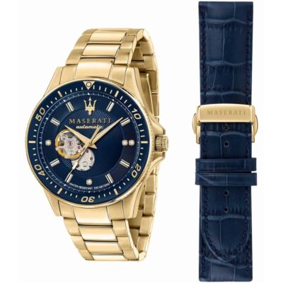 Maserati Watch Men Blue Dial Metal Stainless Steel Gold Strap Automatic Analog Water Resistant 100 Meters Three Hand Sfida R8823140004