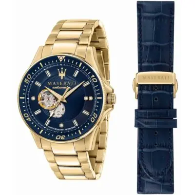 Maserati Watch Men Blue Dial Metal Stainless Steel Gold Strap Automatic Analog Water Resistant 100 Meters Three Hand Sfida R8823140004 - Tia