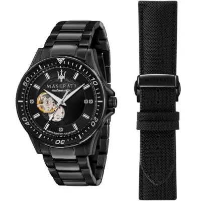 Maserati Watch Men Black Dial Metal Stainless Steel Strap Automatic Analog Water Resistant 100 Meters Three Hand Sfida R8823140005 - Tia