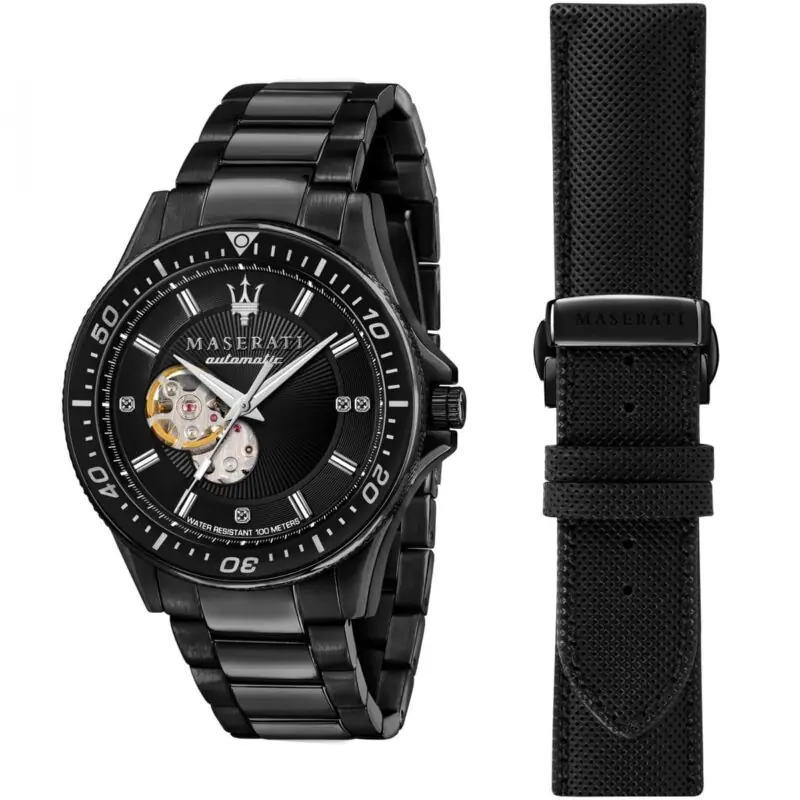 Maserati Watch Men Black Dial Metal Stainless Steel Strap Automatic Analog Water Resistant 100 Meters Three Hand Sfida R8823140005
