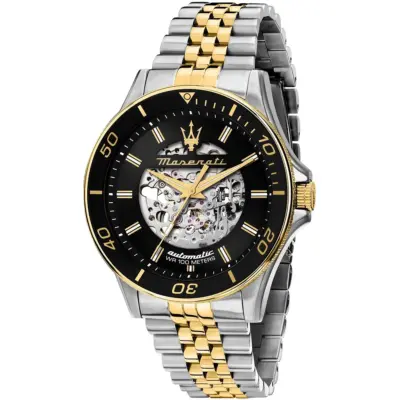 Maserati Two Tone Watch Men Automatic Wr 100 Meters Black Dial Metal Stainless Steel Silver Gold Strap Analog Three Hand Sfida R8823140010