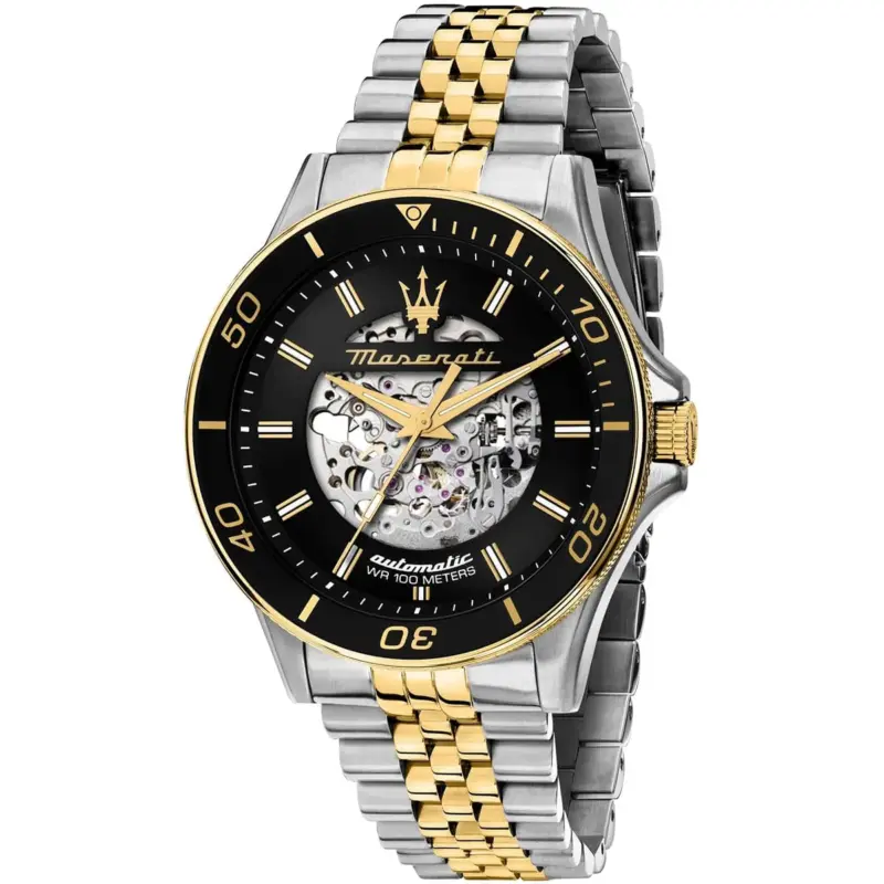 Maserati Two Tone Watch Men Automatic Wr 100 Meters Black Dial Metal Stainless Steel Silver Gold Strap Analog Three Hand Sfida R8823140010