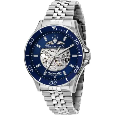 Maserati Watch Men Automatic Wr 100 Meters Blue Dial Metal Stainless Steel Silver Strap Analog Three Hand Sfida R8823140011