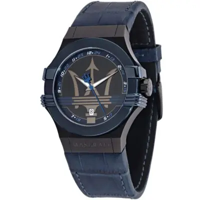 Maserati Watch Men Black Dial Leather Blue Strap Quartz Battery Analog Three Hand Potenza R8851108007