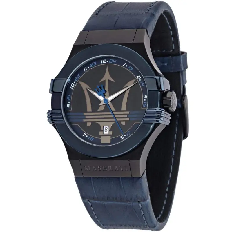 Maserati Watch Men Black Dial Leather Blue Strap Quartz Battery Analog Three Hand Potenza R8851108007