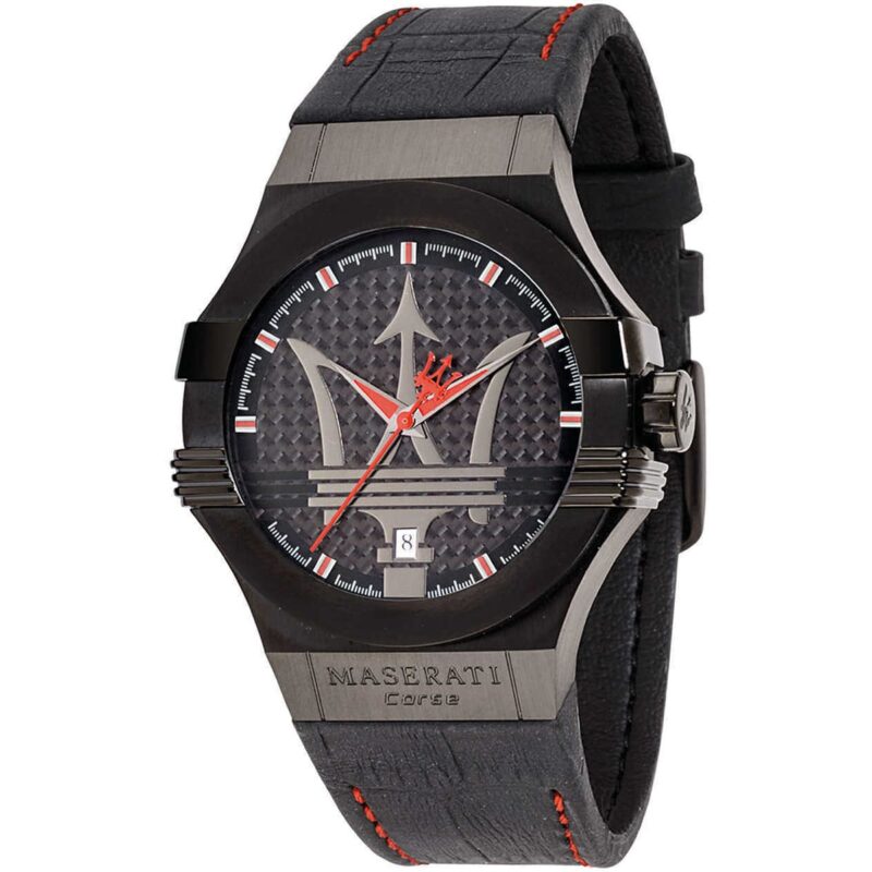 Maserati Watch Men Black Dial Leather Strap Quartz Battery Analog Three Hand Corse Potenza R8851108010