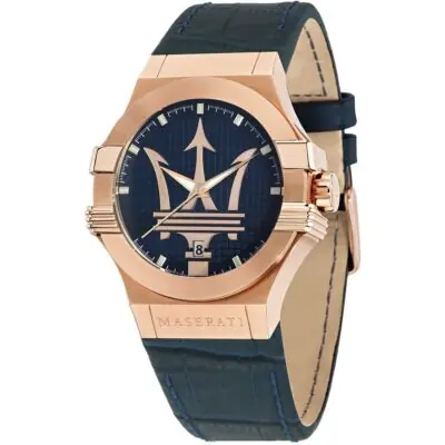 Maserati Watch Men Blue Dial Leather Strap Quartz Battery Analog Three Hand Potenza R8851108027 - Tia