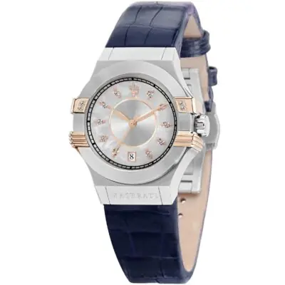 Maserati Watch Women Silver Dial Leather Blue Strap Quartz Battery Analog Three Hand Potenza R8851108502 - Tia