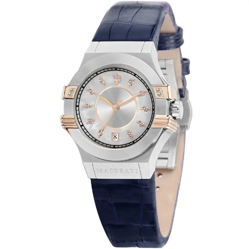 Maserati Watch Women Silver Dial Leather Blue Strap Quartz Battery Analog Three Hand Potenza R8851108502