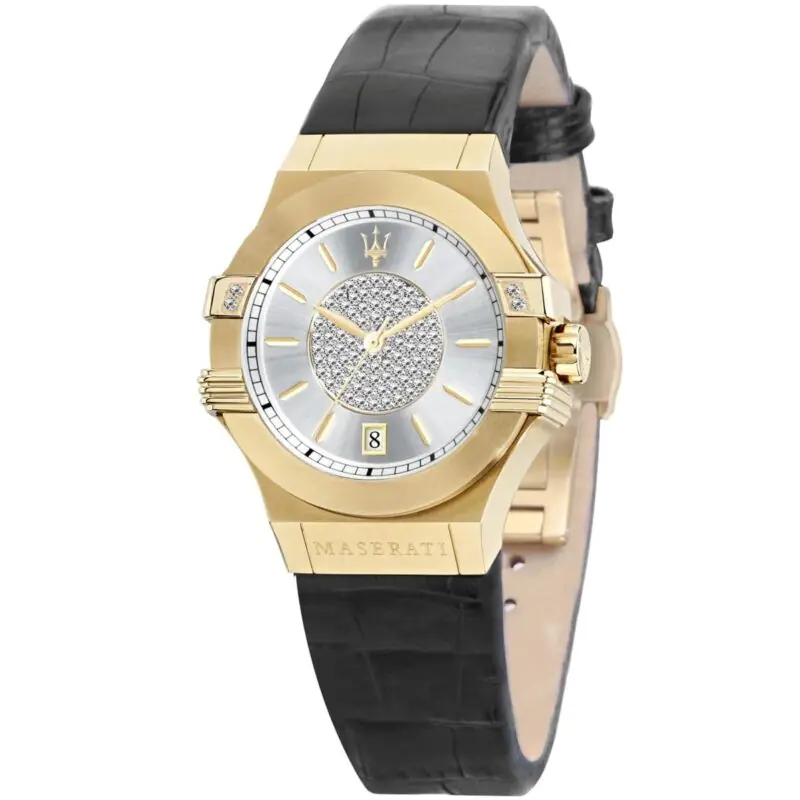Maserati Watch Women Silver Dial Leather Black Strap Quartz Battery Analog Three Hand Potenza R8851108505