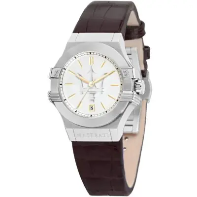 Maserati Watch Women Silver Dial Leather Brown Strap Quartz Battery Analog Three Hand Potenza R8851108506 - Tia