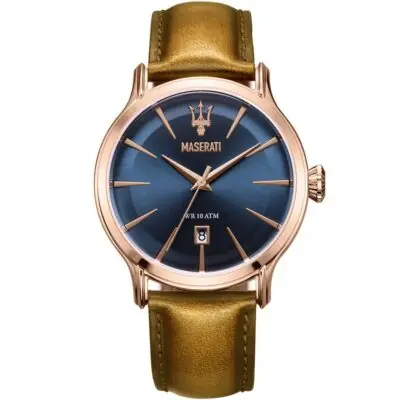 Maserati Watch Men Blue Dial Leather Brown Strap Quartz Battery Analog Three Hand Wr 10 Atm Epoca R8851118001 - Tia