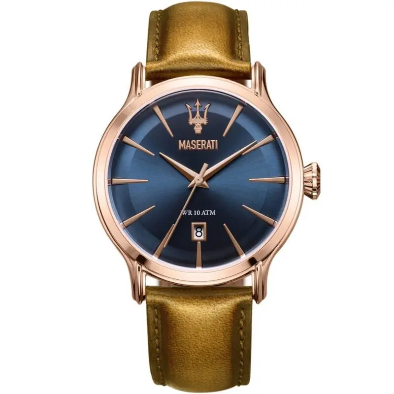 Maserati Watch Men Blue Dial Leather Brown Strap Quartz Battery Analog Three Hand Wr 10 Atm Epoca R8851118001