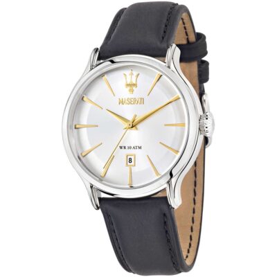 Maserati Watch Men Silver Dial Leather Black Strap Quartz Battery Analog Three Hand Wr 10 Atm Epoca R8851118002