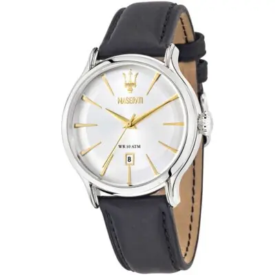 Maserati Watch Men Silver Dial Leather Black Strap Quartz Battery Analog Three Hand Wr 10 Atm Epoca R8851118002 - Tia