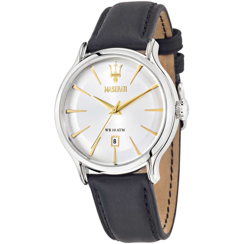 Maserati Watch Men Silver Dial Leather Black Strap Quartz Battery Analog Three Hand Wr 10 Atm Epoca R8851118002