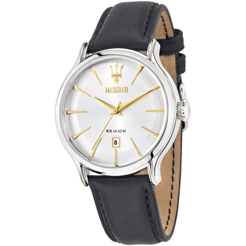 Maserati Watch Men Silver Dial Leather Black Strap Quartz Battery Analog Three Hand Wr 10 Atm Epoca R8851118002