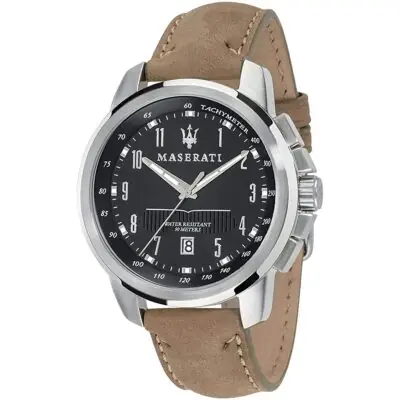 Maserati Watch Men Black Dial Leather Beige Strap Quartz Battery Analog Three Hand Water Resistant 50 Meters Successo R8851121004