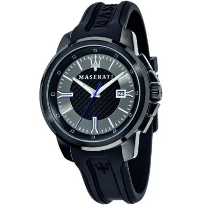 Maserati Watch Men Black Dial Rubber Strap Quartz Battery Analog Three Hand Sfida R8851123004 - Tia