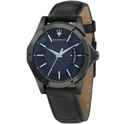 Maserati Watch Men Blue Dial Leather Black Strap Quartz Battery Analog Three Hand Water Resistant 10 Atmcircuito R8851127002 - Tia