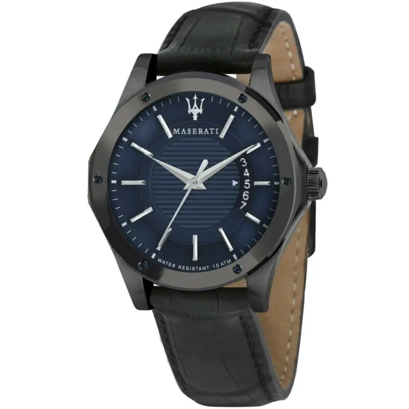 Maserati Watch Men Blue Dial Leather Black Strap Quartz Battery Analog Three Hand Water Resistant 10 Atmcircuito R8851127002