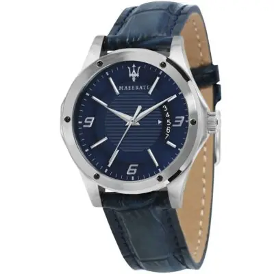 Maserati Watch Men Blue Dial Leather Strap Quartz Battery Analog Three Hand Water Resistant 10 Atm Circuito R8851127003 - Tia