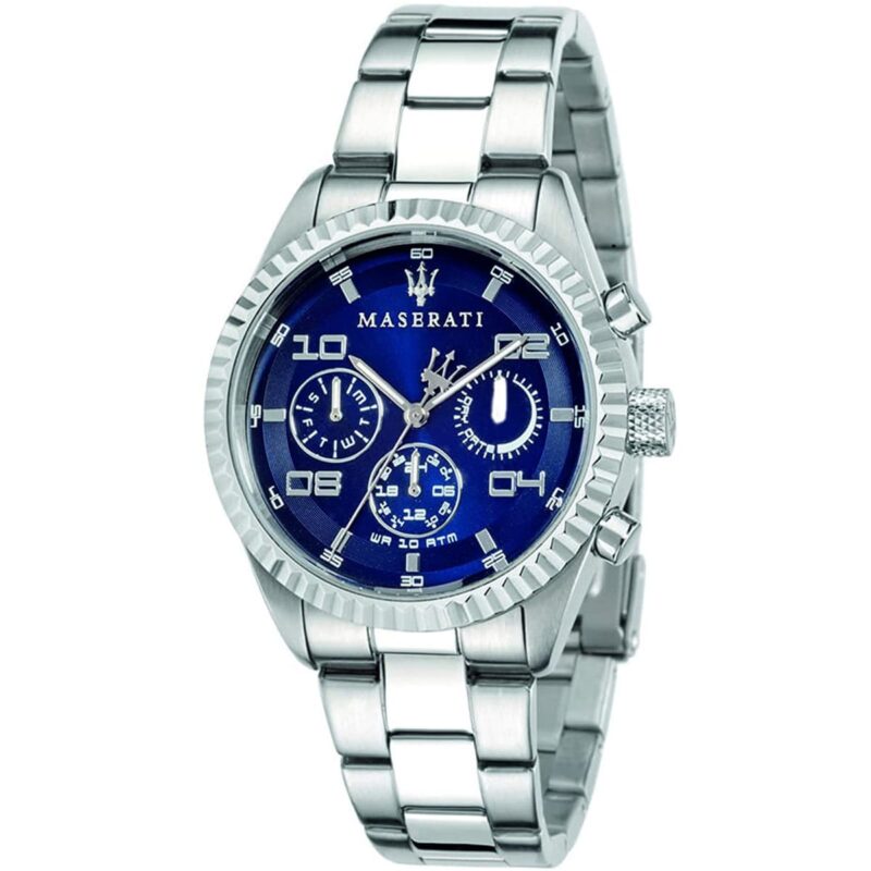 Maserati Watch Men Blue Dial Metal Stainless Steel Silver Strap Quartz Battery Analog Day Date Month Wr 10 Atm Competizione R8853100011