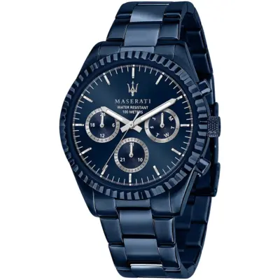 Maserati Watch Men Water Resistant 100meters Blue Dial Metal Stainless Steel Strap Quartz Battery Analog 4 Hands Competizione R8853100025
