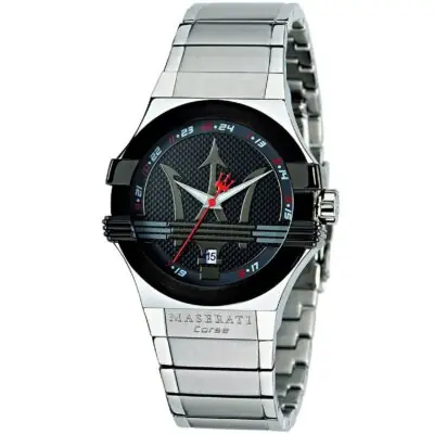 Maserati Watch Men Black Dial Metal Stainless Steel Silver Strap Quartz Battery Analog Three Hand Corse Potenza R8853108001 - Tia